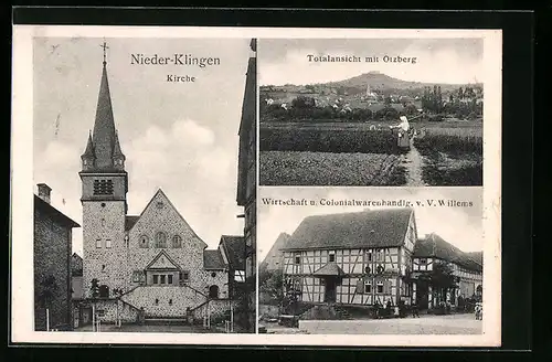 AK Nieder-Klingen, Gasthaus und Kolonialwarenhandlung v. V. Willems, Kirche, Totalansicht mit Otzberg