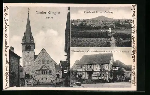 AK Nieder-Klingen, Gasthaus und Kolonialwarenhandlung v. V. Willems, Kirche, Totalansicht mit Otzberg