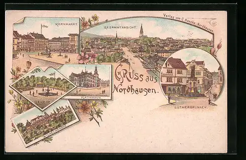 Lithographie Nordhausen, Rathaus, Kornmarkt, Gehege