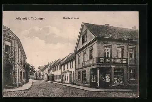 AK Allstedt i. Thüringen, Breitestrasse mit Geschäft von Karl Kaiser