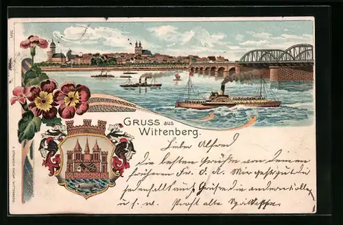 Lithographie Wittenberg, Uferpartie mit Brücke und Dampfer, Wappen