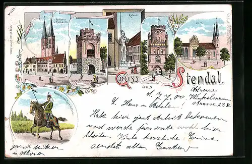 Lithographie Stendal, Rathaus und Marienkirche, Dom, Unglingertor