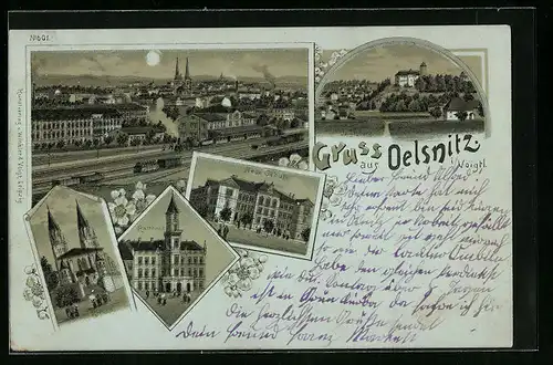 Mondschein-Lithographie Oelsnitz i. Voigtl., Rathaus, Neue Schule, Kirche