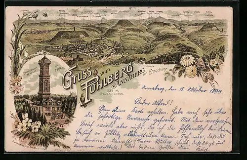 Lithographie Annaberg, Pöhlberg mit Aussichtsturm