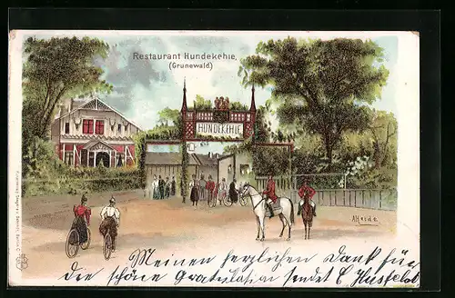 Lithographie Berlin-Grunewald, Restaurant Hundekehle mit Besuchern