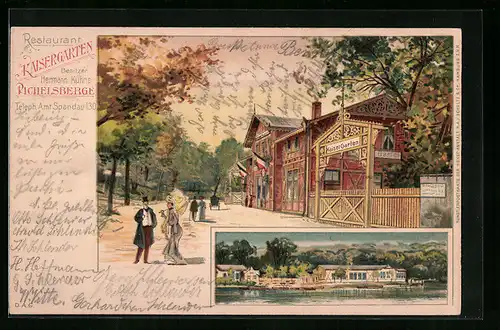 Lithographie Berlin-Pichelsberg, Restaurant Kaisergarten, Uferpartie