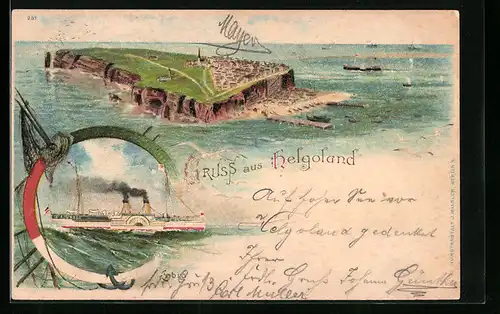 Lithographie Helgoland, Dampfer, Gesamtansicht der Insel