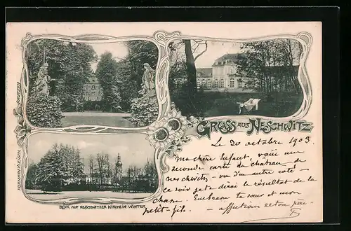 AK Neschwitz, Blick auf die Kirche im Winter