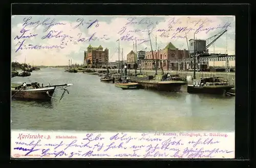 AK Karlsruhe, Vor Anker liegende Boote im Rheinhafen