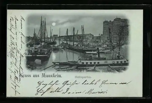 Mondschein-AK Mannheim, Hafenpartie im Vollmondlicht