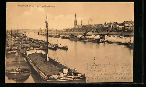 AK Mannheim, Blick von der Friedrichsbrücke auf den Hafen