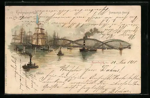 Lithographie Hamburg, Hamburgs Hafen mit Segelschiffen