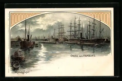 Lithographie Hamburg, Segelschiffhafen im Mondschein