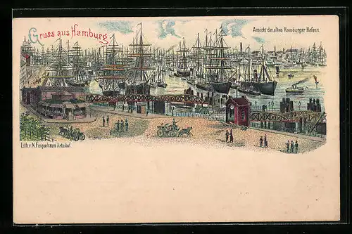 Lithographie Hamburg, Ansicht des alten Hafens