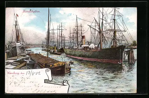 Lithographie Hamburg, Der Hansahafen mit Segelbooten