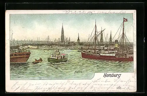 Lithographie Hamburg, Der Hafen mit Segelschiff und Barkasse