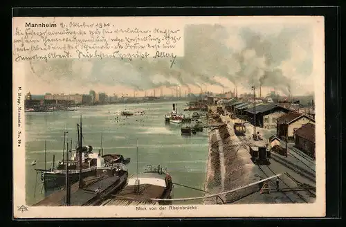 Lithographie Mannheim, Blick von der Rheinbrücke