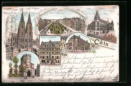 Lithographie Cöln, Kaiser Wilhelm Ring, Dom, Rathaus am Altmarkt