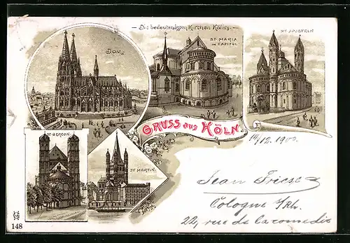 Lithographie Köln, Kirchen St. Maria, St. Aposteln, St. Gereon, St. Martin und Dom