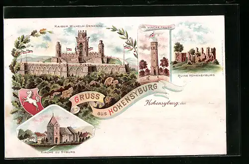 Lithographie Hohensyburg, Kirche, Denkmal, Ruine und Vincke-Turm