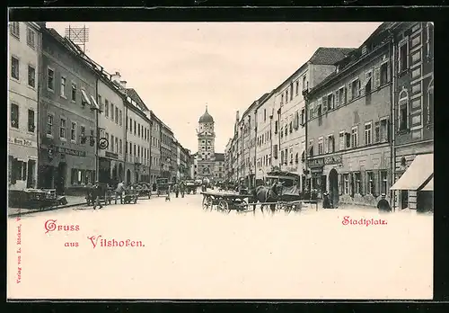 AK Vilshofen, Strassenpartie am Stadtplatz mit Pferdewagen