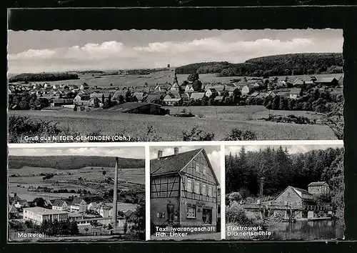 AK Nieder-Gemünden /Obh., Gesamtansicht, Molkerei, Textilgeschäft Linker, Electrowerk Dicknertsmühle