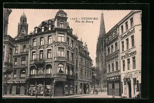 AK Duisburg, Rue du Bourg, mit Kirche und Gasthof zu den drei Kronen