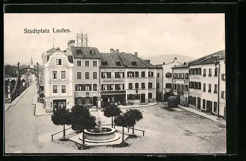AK Laufen, Stadtplatz aus der Vogelschau, mit Brücke