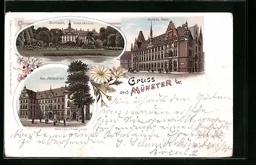 Lithographie Münster i. W., Kgl. Regierung, Schloss, Kaiserliche Post