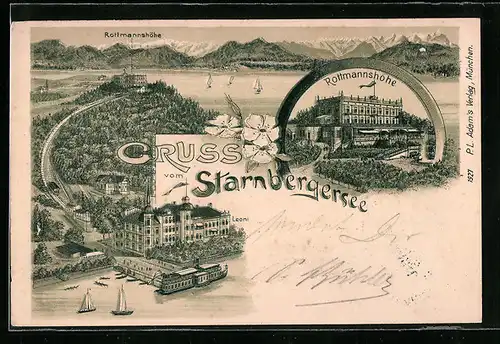 Lithographie Leoni bei Berg /Starnbergersee, Ortsansicht mit Dampfer und Hotel auf der Rottmannshöhe