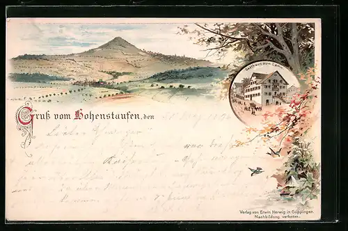 Lithographie Hohenstaufen, Gasthaus zum Lamm, Ortsansicht mit Berg