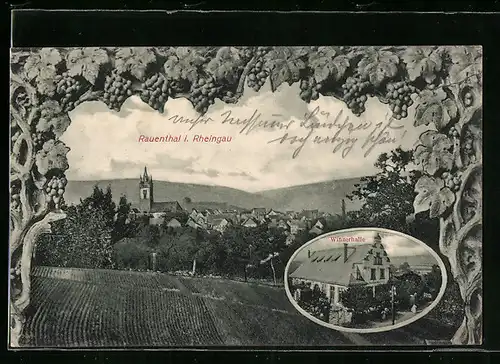 AK Rauenthal /Rheingau, Ortsansicht von Weintrauben umrankt, Gasthaus Winzerhalle