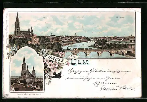 Lithographie Ulm, Ortsansicht mit Brücke, Ulmer Münster von Osten