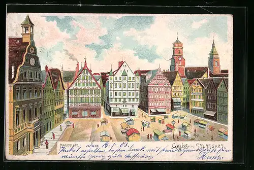 Lithographie Stuttgart, Marktplatz mit Ständen aus der Vogelschau