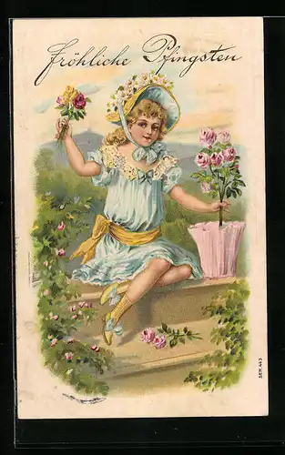 AK Fröhliche Pfingsten, Hübsches Mädchen mit Blumen in den Händen