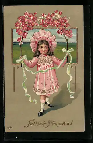 AK Mädchen mit Blüten zu Pfingsten