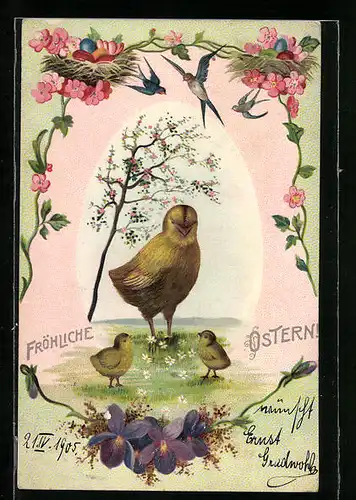 AK Fröhliche Ostern, Osterküken mit Veilchen