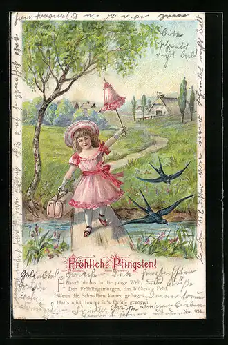 Präge-AK Mädchen im Kleidchen wünscht fröhliche Pfingsten