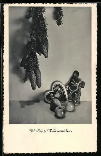 AK Fröhliche Weihnachten, Lebkuchen und Tannenzweige