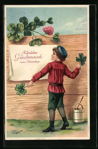 Präge-AK Glückwünsche zum Namenstag, Kleeblatt