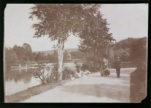 Fotografie Brück & Sohn Meissen, Ansicht Bad Elster, Prommenade am Luisa See mit Ruderboot