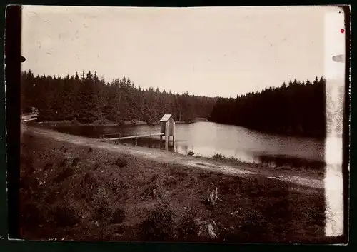 Fotografie Brück & Sohn Meissen, Ansicht Zellerfeld / Harz, Blick auf den Kellerhalsteich mit Fischerhütte