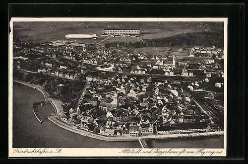 AK Friedrichshafen i. B., Altstadt und Zeppelinwerft vom Flugzeug aus