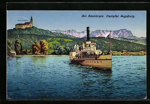 AK Dampfer Augsburg auf dem Ammersee mit Blick zum Kloster Andechs