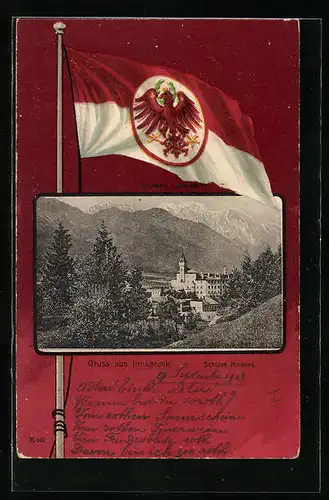 Passepartout-Lithographie Innsbruck, Ortsansicht und Nationalfahne mit Adler