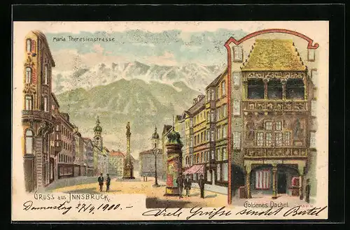 Lithographie Innsbruck, Maria Theresienstrasse mit Goldenem Dachl