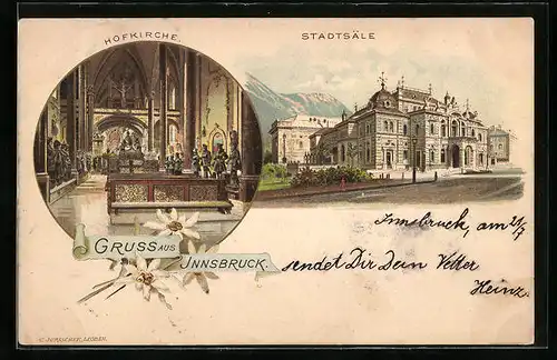 Vorläufer-Lithographie Innsbruck, 1895, Inneres der Hofkirche und Stadtsäle mit Strasse