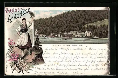 Lithographie Achenkirch, Hotel Scholasticka am Achensee, Tirolerin