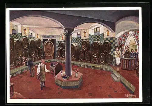Künstler-AK Innsbruck, Gasthaus Falkners, Innenansicht