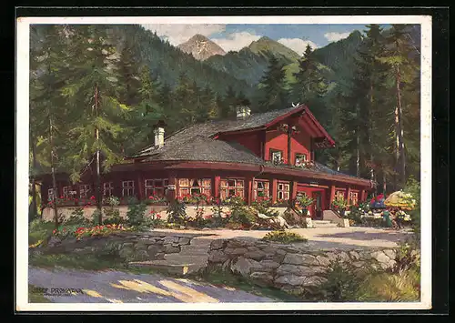 Künstler-AK Mayrhofen /Zillertal, Gasthaus Waldkaffee im Sonnenschein